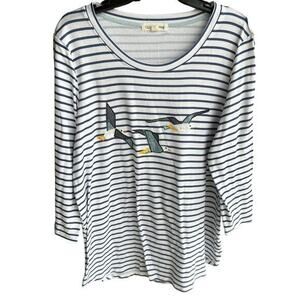 CLOVER + PINE Blue strip embroidered seagulls soft lightweight Beachy top sz XL
